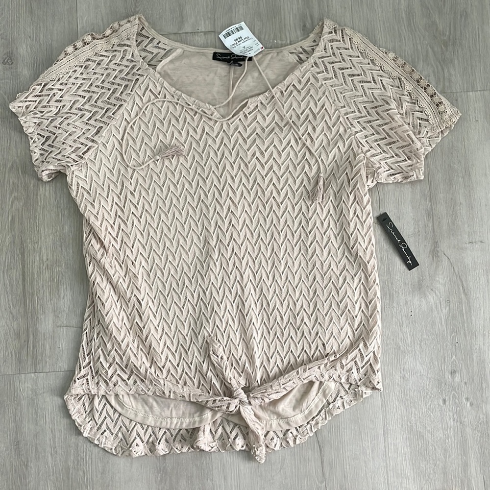NEW French Laundry Crochet Bohemian Tie Front Tan Lace Short Sleeve Blouse Sz XL